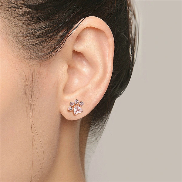Taobao source hot selling creative cat paw print rose quartz zircon earrings rose gold plated earring accessories
