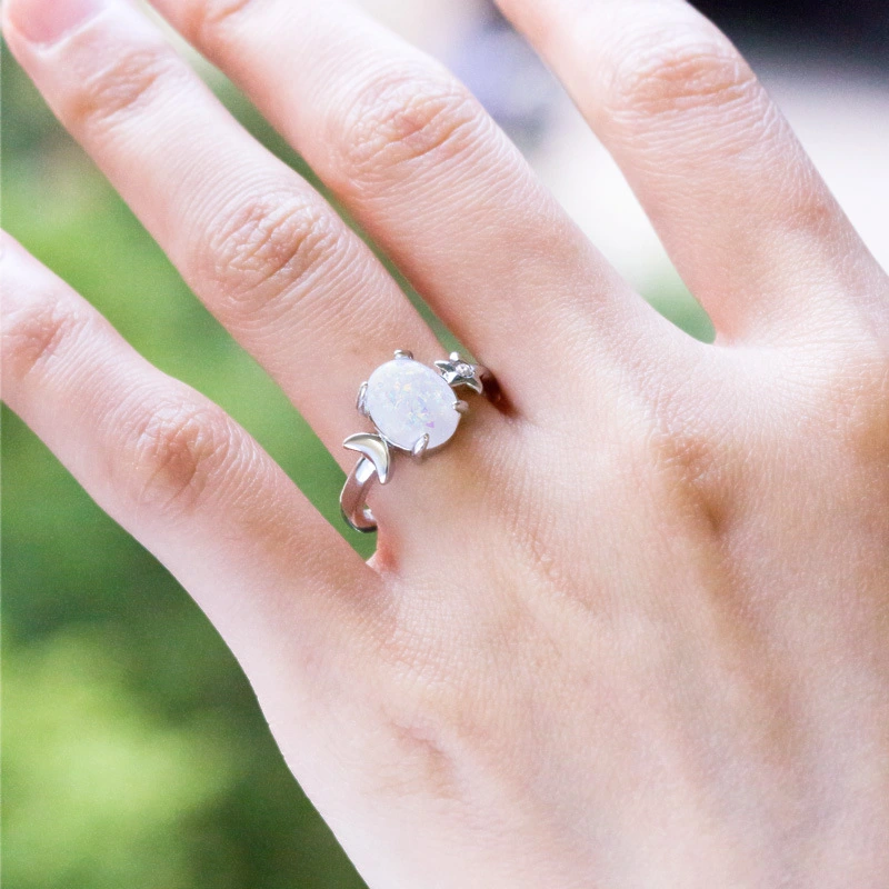 Jewelry factory direct supply creative star and moon oval opal ring artificial opal gemstone silver-plated jewelry