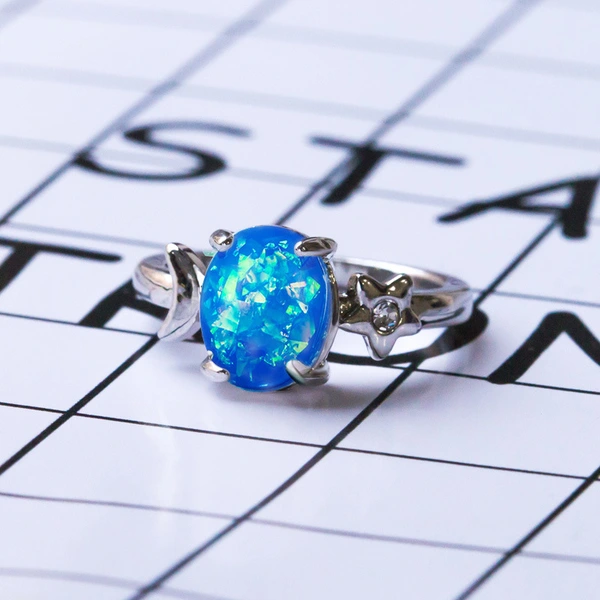 Jewelry factory direct supply creative star and moon oval opal ring artificial opal gemstone silver-plated jewelry