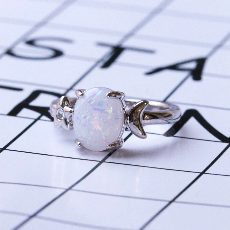 Jewelry factory direct supply creative star and moon oval opal ring artificial opal gemstone silver-plated jewelry
