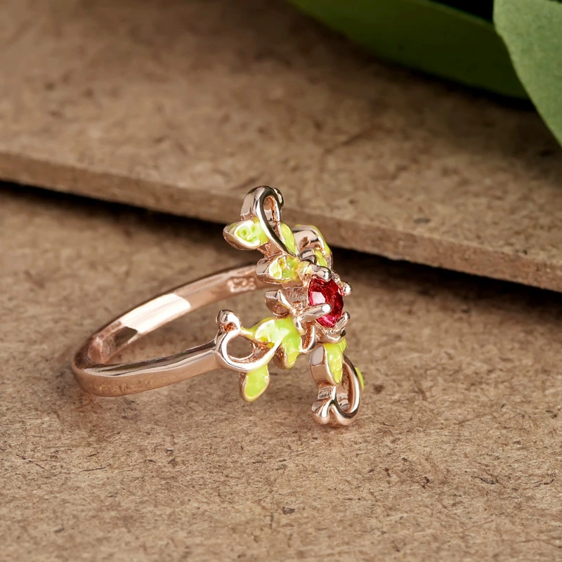 Hot selling European and American accessories, creative branch-surrounded micro-inlaid floral rings, fashionable women's epoxy copper jewelry