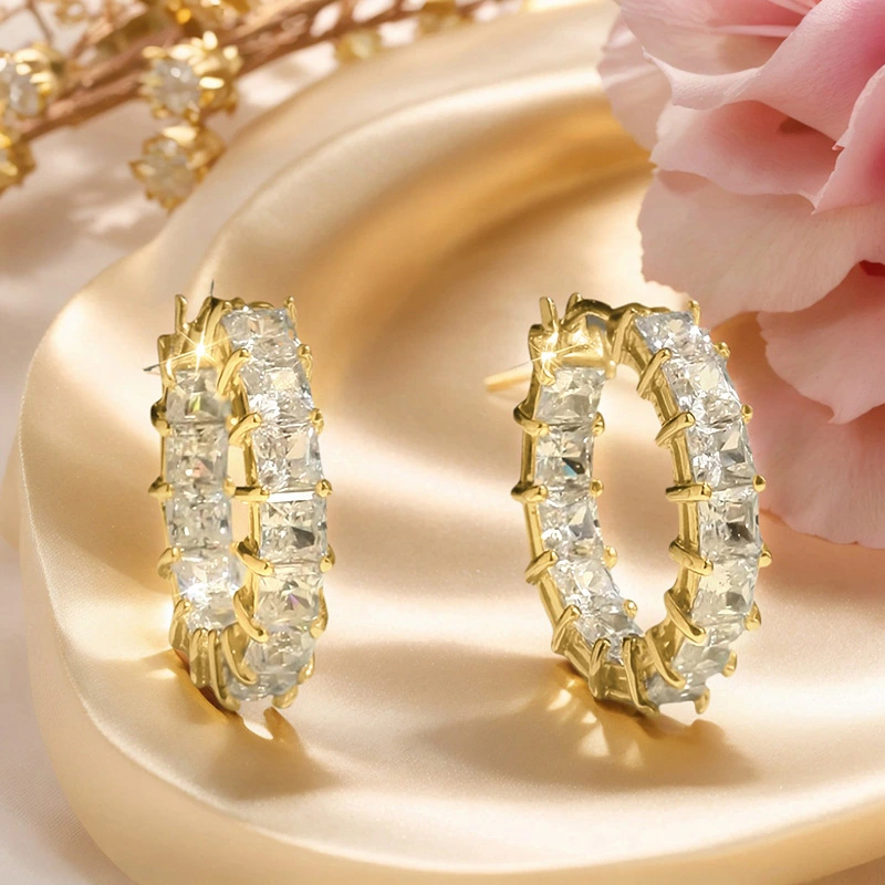 European and American fashion micro-inlaid square super shiny zircon earrings light luxury temperament circle earrings women's versatile earrings
