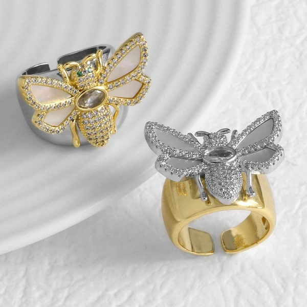 AS jewelry hot-selling two-color full zircon bee gold-plated open ring ring riq78 ring