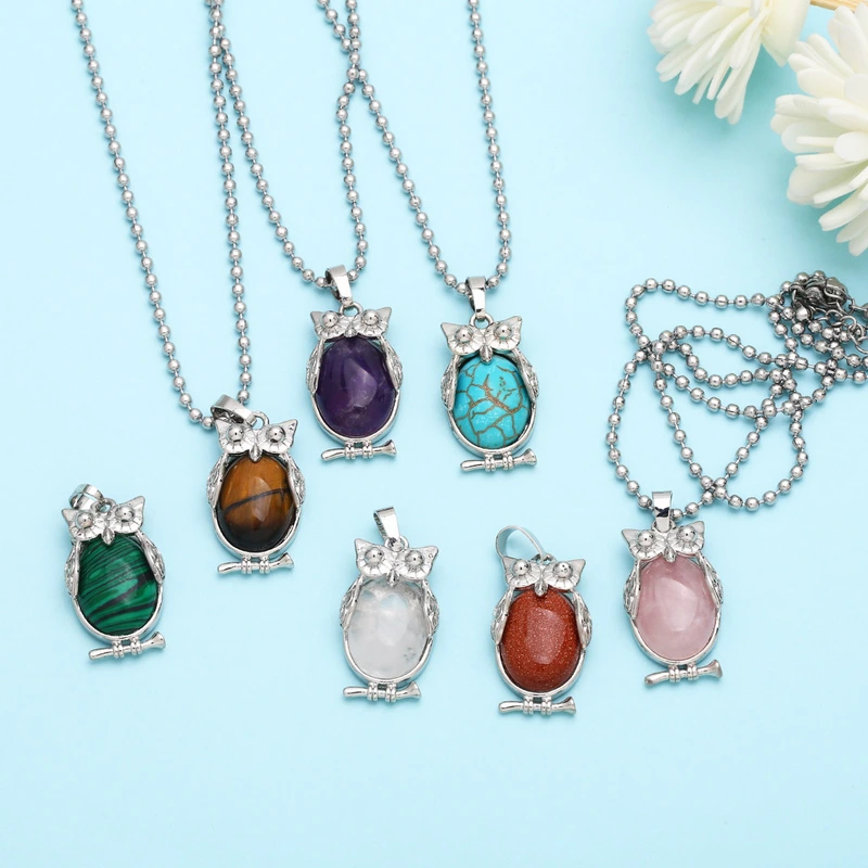 Hot selling crystal agate owl necklace retro punk style owl pendant silver sweater chain nkb660