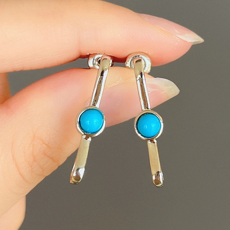 Retro ethnic style earrings imitation turquoise geometric earrings simple Xiaohongshu same style ear bone hoop earrings