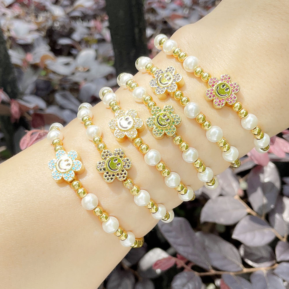 Clearance handmade beaded sunflower bracelet girl pearl smiley face flower bracelet European and American jewelry wholesale brg72