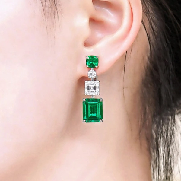 2024 European and American new earrings light luxury emerald cut zircon earrings female internet celebrity style personality earrings