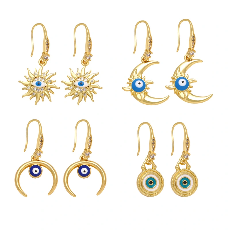 European and American earrings inlaid with diamond oil drop sun moon devil eye earrings female fashion personality ear hook erq59