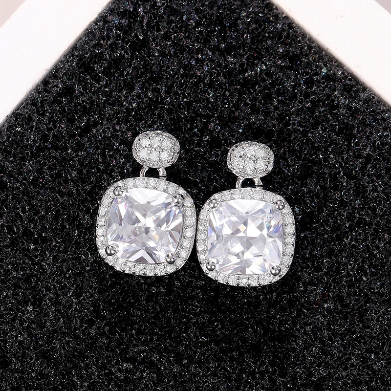 European and American new super flash square zircon short earrings versatile light luxury square retro earrings for women