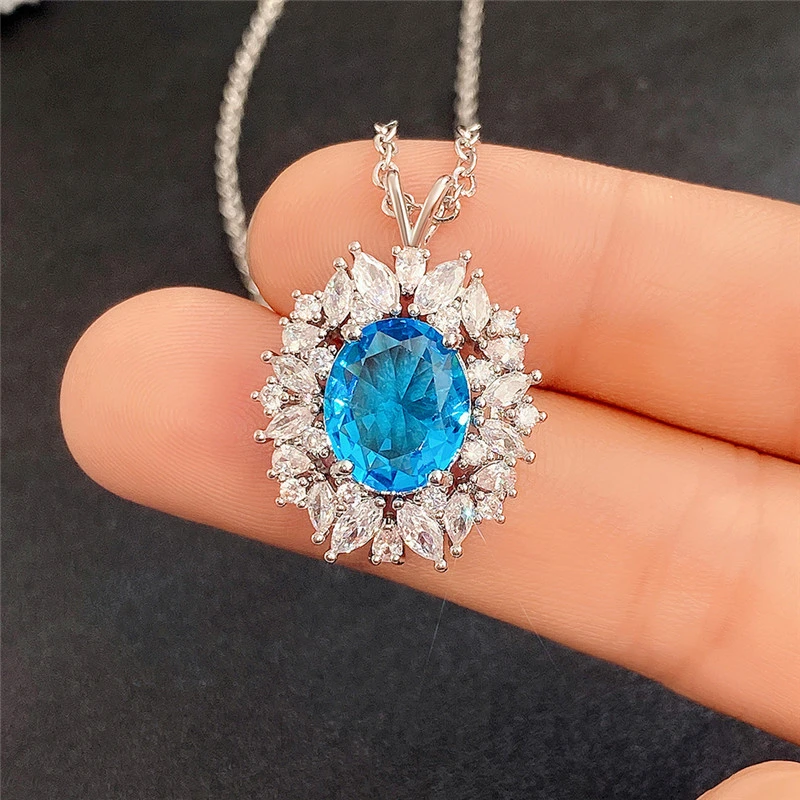 New Colored Gemstone Series Light Luxury Imitation Sapphire Pendant Women's Necklace Manufacturer Supply Wholesale