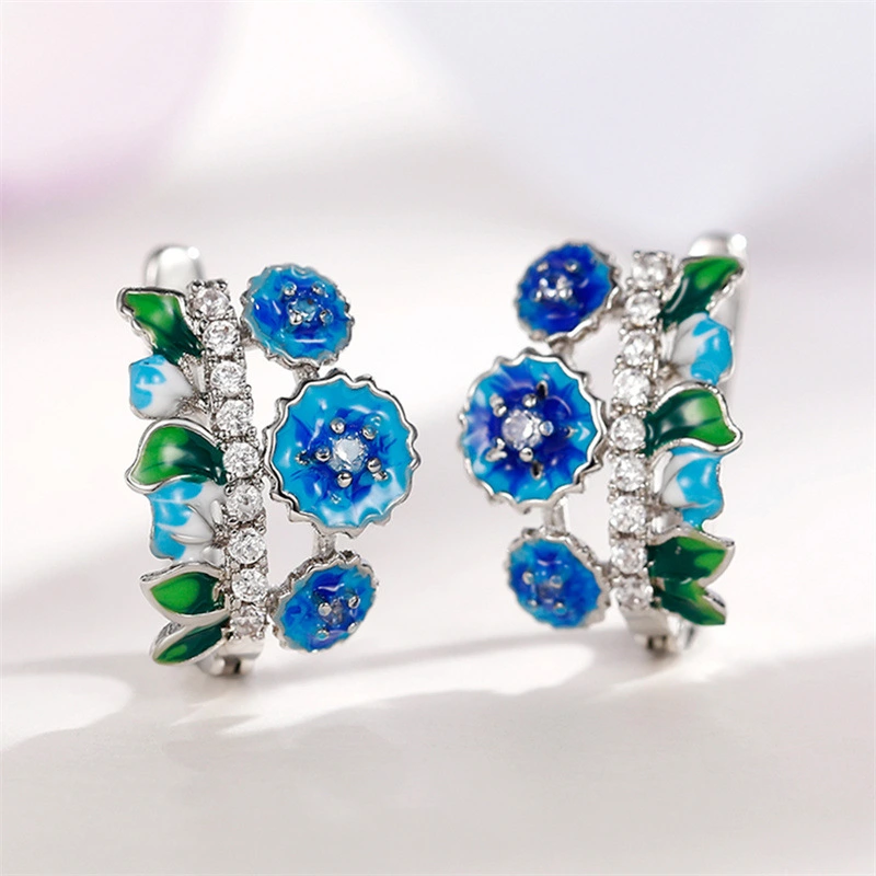 European and American epoxy flower earrings fashionable enamel diamond zircon earrings new accessories hot sale
