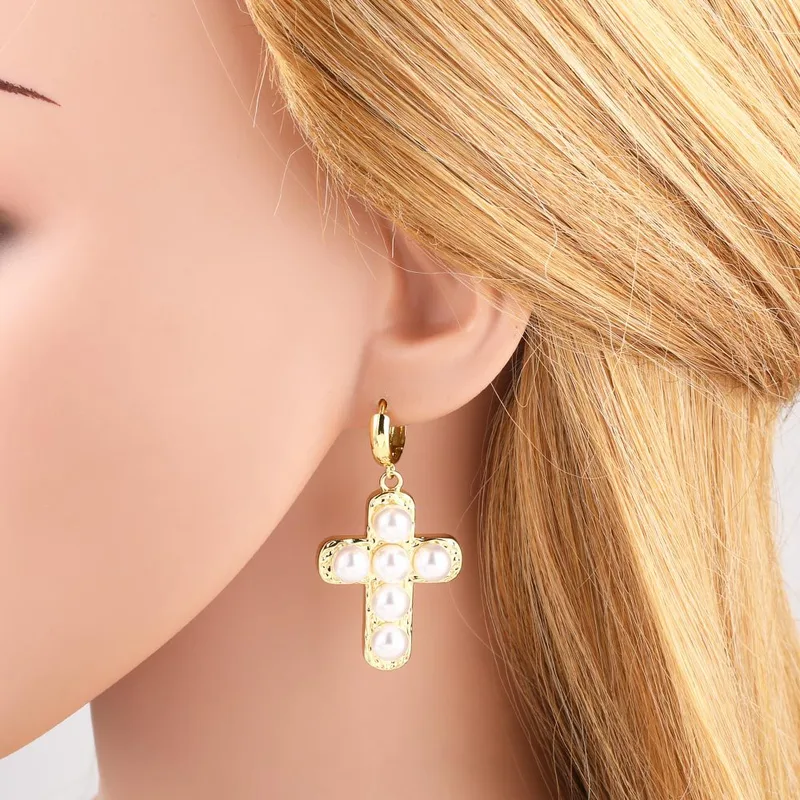 AS jewelry hot selling copper plated 18k gold pearl cross heart earrings earrings earrings erq64