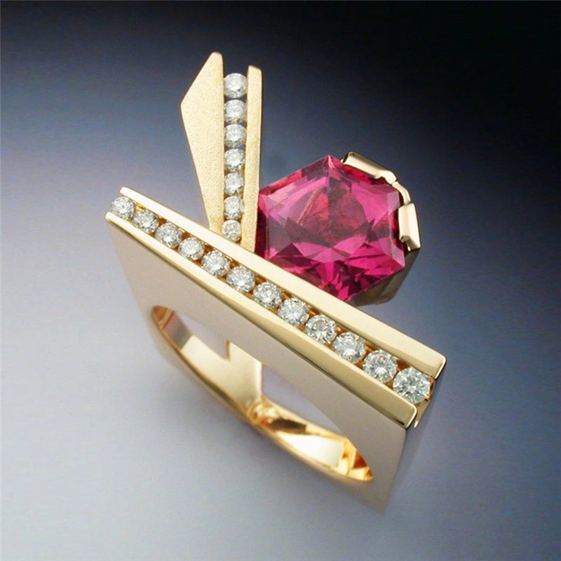 Hot selling new unique geometric men's ring copper plated gold micro inlaid red zircon ring