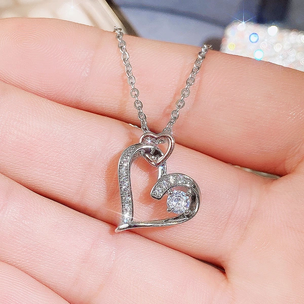 Jewelry Creative Hollow Double Heart Zircon Necklace Copper Plated Two-Color Fashion Heart-Shaped Pendant Women's Necklace