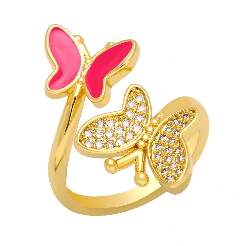 Clearance niche design double butterfly oil drop zircon ring open ring female versatile index finger ring wholesale riq68