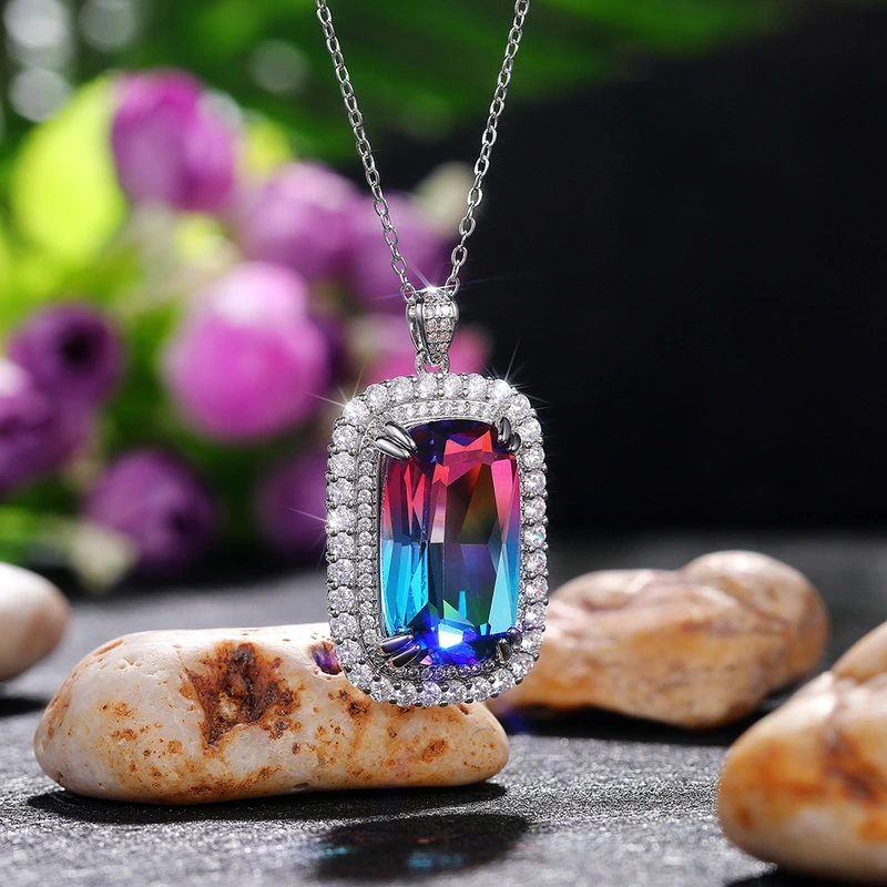 European and American light luxury necklace 15*25mm super large colored zircon necklace luxury two-color gemstone pendant