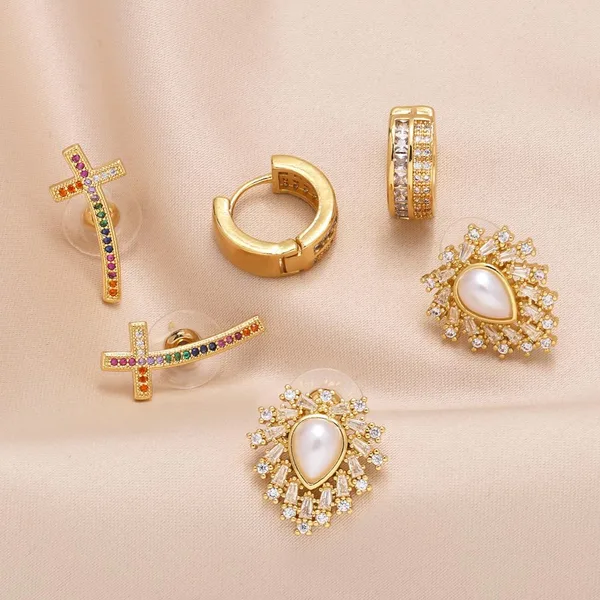 New cross earrings for women inlaid with colored zircon and gold-plated pearl earrings era025
