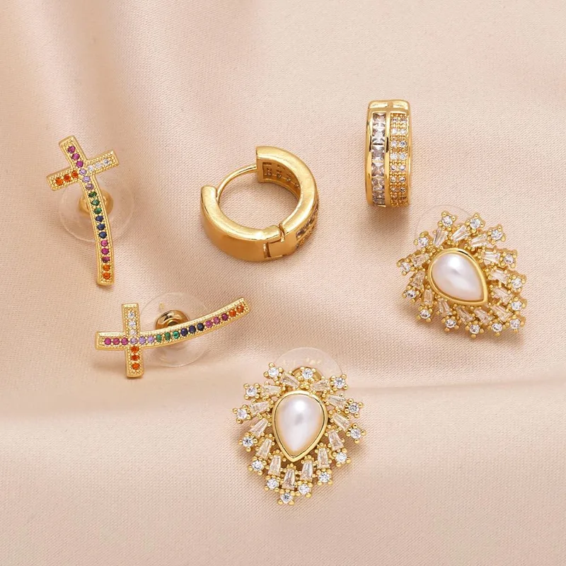 New cross earrings for women inlaid with colored zircon and gold-plated pearl earrings era025