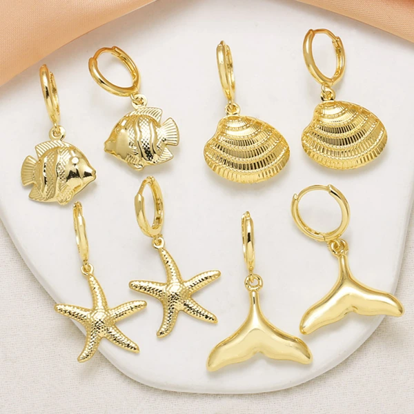 AS jewelry copper plated 18k gold starfish shell fishtail pendant earrings earrings female err53