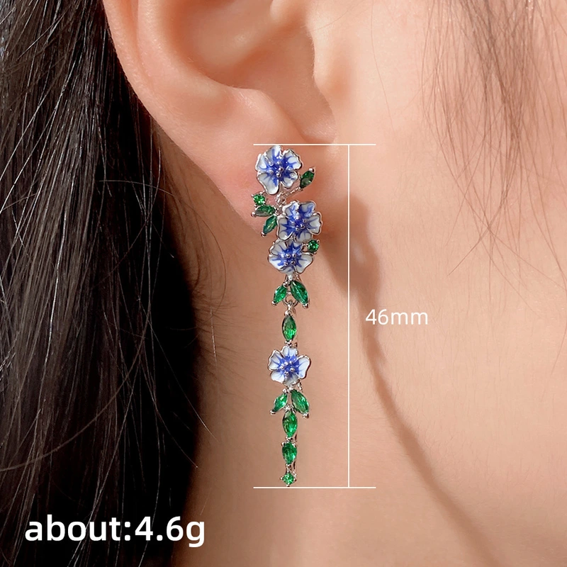 European and American natural long earrings for women, summer oil-drop flower zircon earrings, elegant accessories