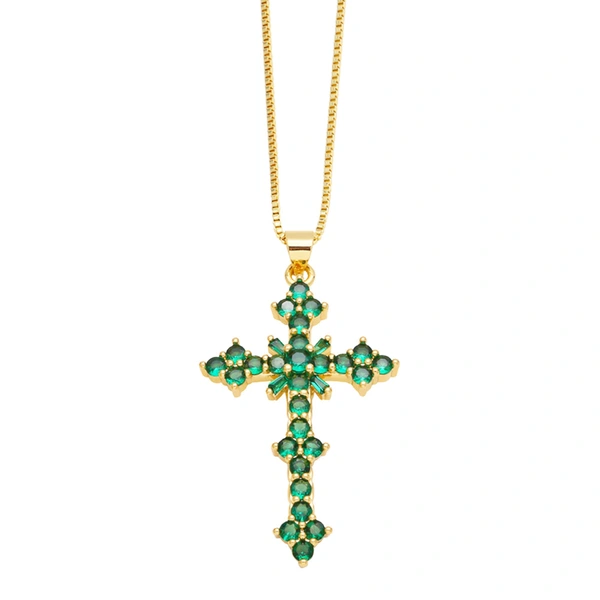 European and American jewelry micro-inlaid colored zircon cross pendant necklace hip hop retro clavicle chain nks87