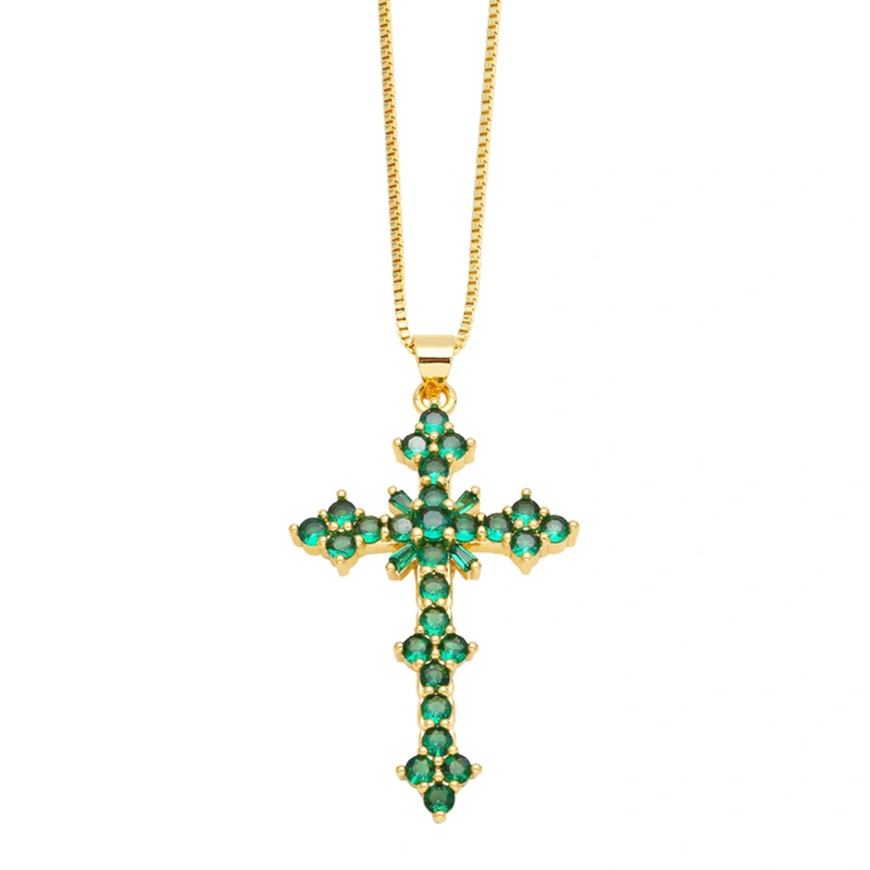 European and American jewelry micro-inlaid colored zircon cross pendant necklace hip hop retro clavicle chain nks87