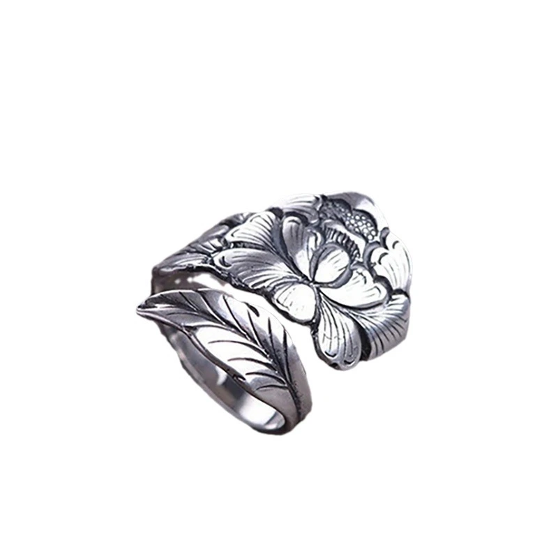  Peony flower open ring for women new retro design ethnic style ring national beauty index finger ring for women