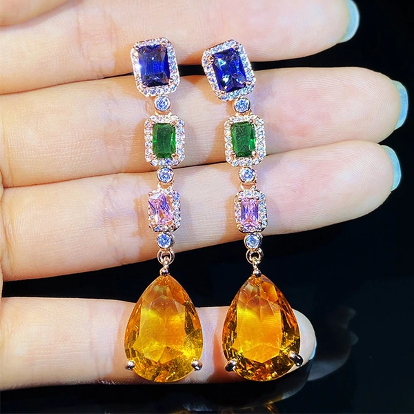 Dreamy zircon colored gemstone long earrings retro street fashion items Baroque court earrings