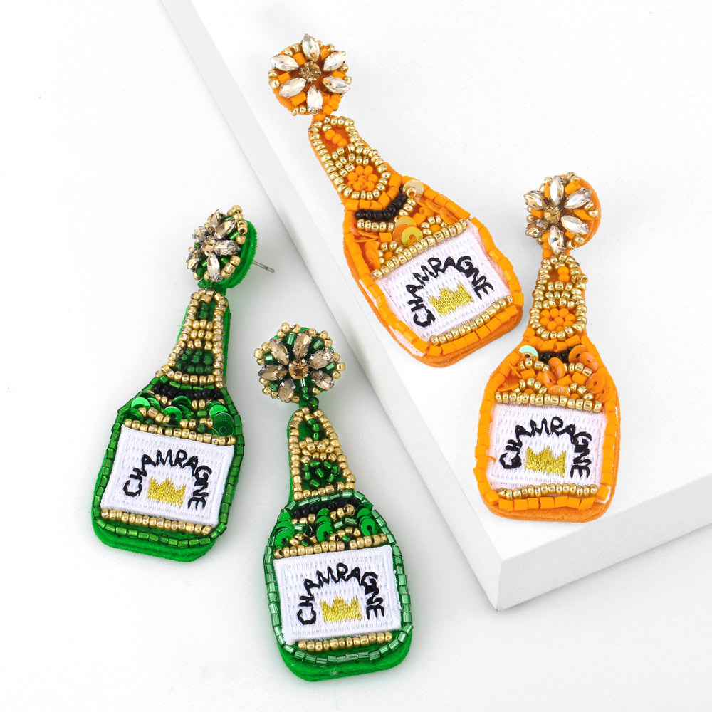 Clearance European and American exaggerated champagne bottle rice bead sequin earrings female embroidered letters CHAMEAGNE earrings ery15