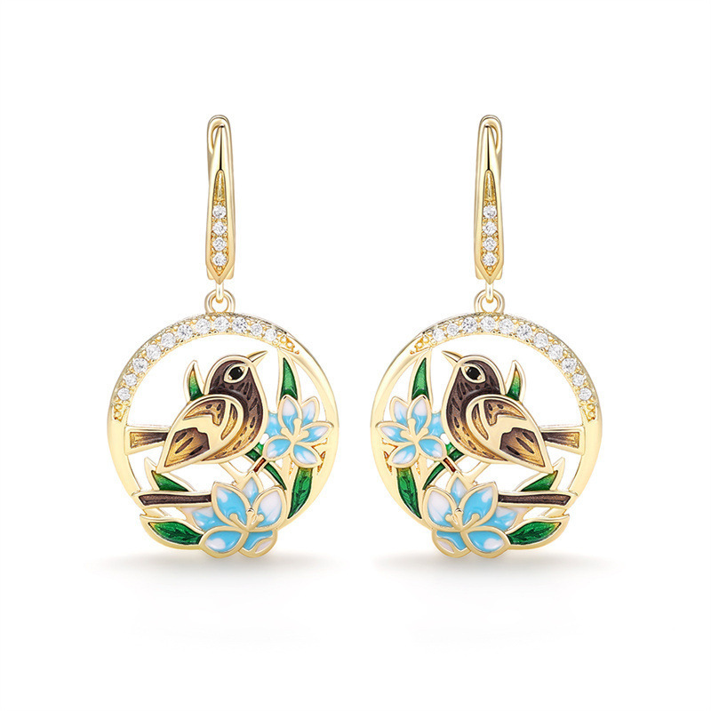 New style earrings with pastoral style, birdsong and flowers, epoxy earrings, handmade enamel earrings, manufacturers wholesale