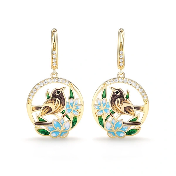 New style earrings with pastoral style, birdsong and flowers, epoxy earrings, handmade enamel earrings, manufacturers wholesale