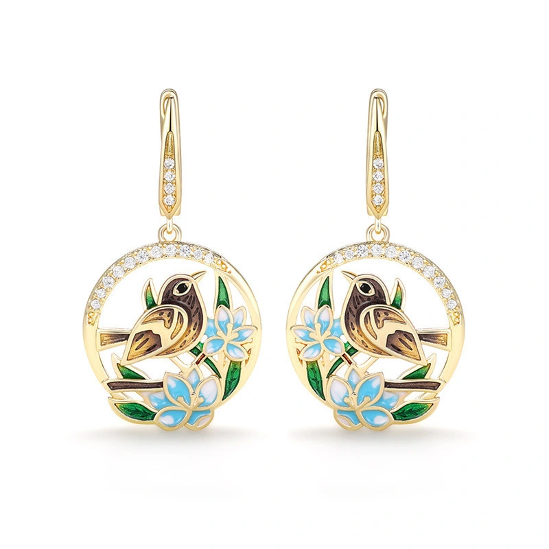 New style earrings with pastoral style, birdsong and flowers, epoxy earrings, handmade enamel earrings, manufacturers wholesale