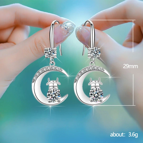 Hot-selling earrings: Creative Zodiac Year Ox Earrings, Water Drop Moon Diamond Earrings