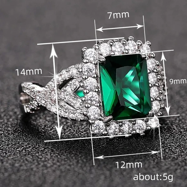  European and American retro rectangular green ring design temperament light luxury index finger ring cross pavé ring female