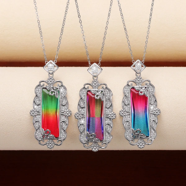 New pendant retro palace style colored gemstone pendant necklace luxury zircon necklace