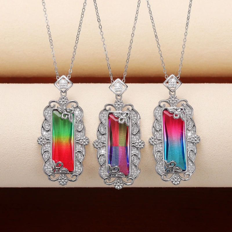 New pendant retro palace style colored gemstone pendant necklace luxury zircon necklace