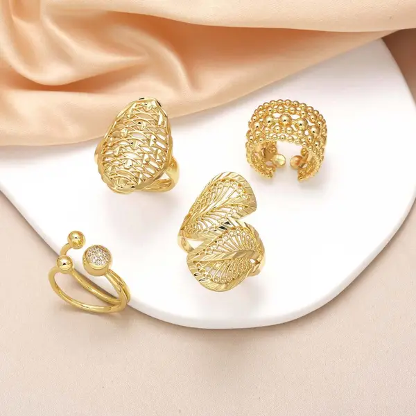 AS jewelry Europe and the United States hot selling hollow round bead ring female copper plated real gold inlaid zircon leaf ring rij59