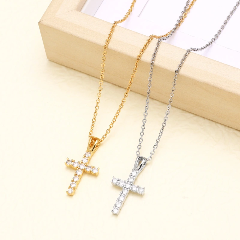 AS jewelry European and American hip-hop cross pendant necklace female micro-inlaid zircon real gold-plated clavicle chain nka001