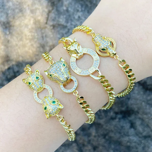 European and American jewelry exaggerated punk leopard bracelet niche light luxury inlaid zircon gold-plated hand jewelry bracelet brm33