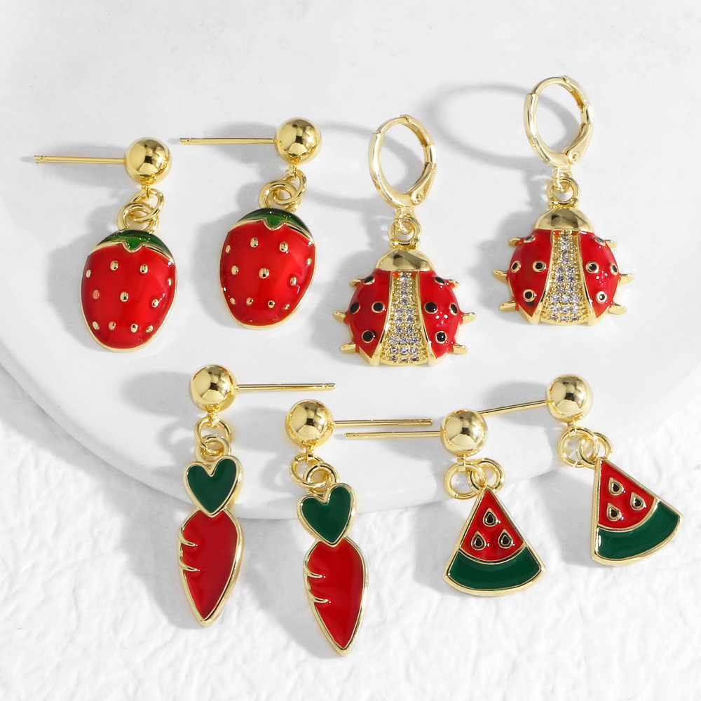 AS jewelry new fashion oil-plated gold watermelon strawberry insect pendant earrings earrings erz66 ring