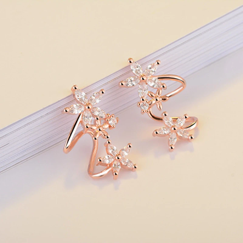 Sweet and cool style lady flower arc ear clip fashionable and versatile zircon ear studs new temperament women's earrings