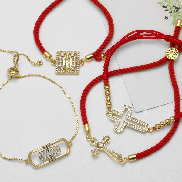 AS jewelry new red rope bracelet inlaid zircon cross Our Lady copper plated real gold hand jewelry bracelet brj49