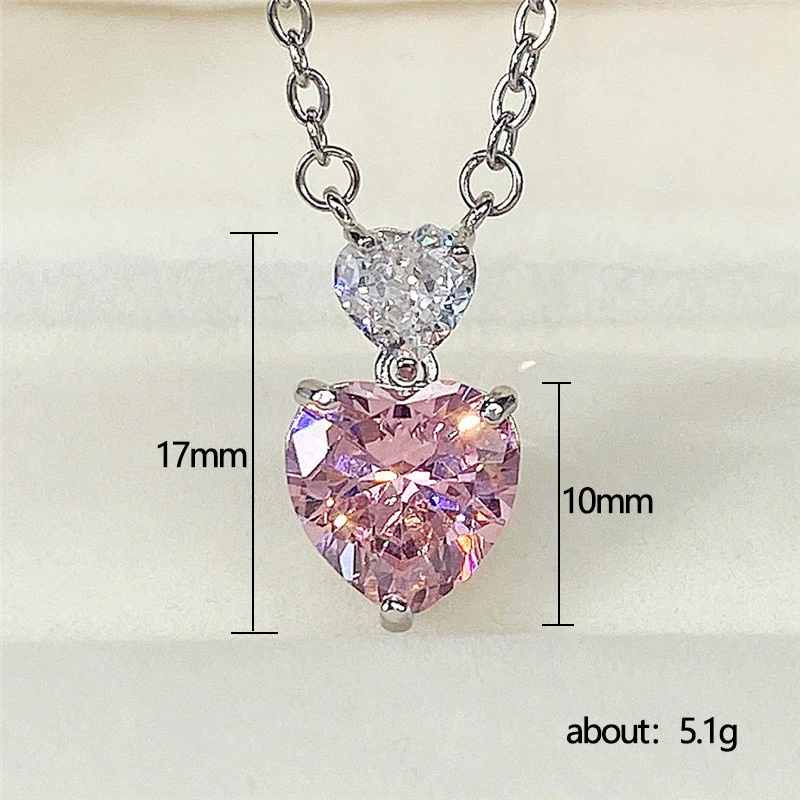 Korean style double heart pink diamond women's necklace cute peach heart zircon small pendant colored gem love pendant