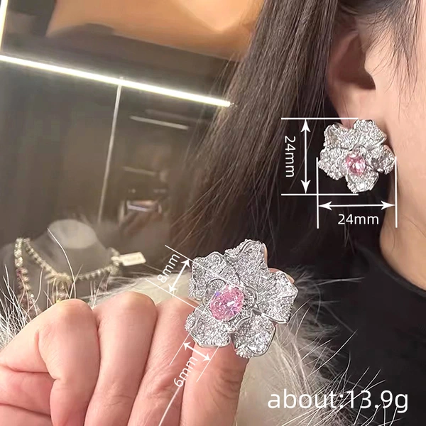 Japanese and Korean live broadcast light luxury earrings for women flower lily jewelry full diamond geometric design jewelry