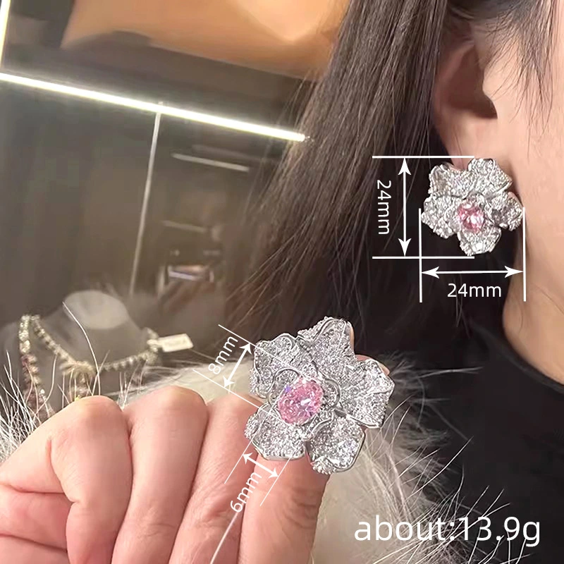 Japanese and Korean live broadcast light luxury earrings for women flower lily jewelry full diamond geometric design jewelry