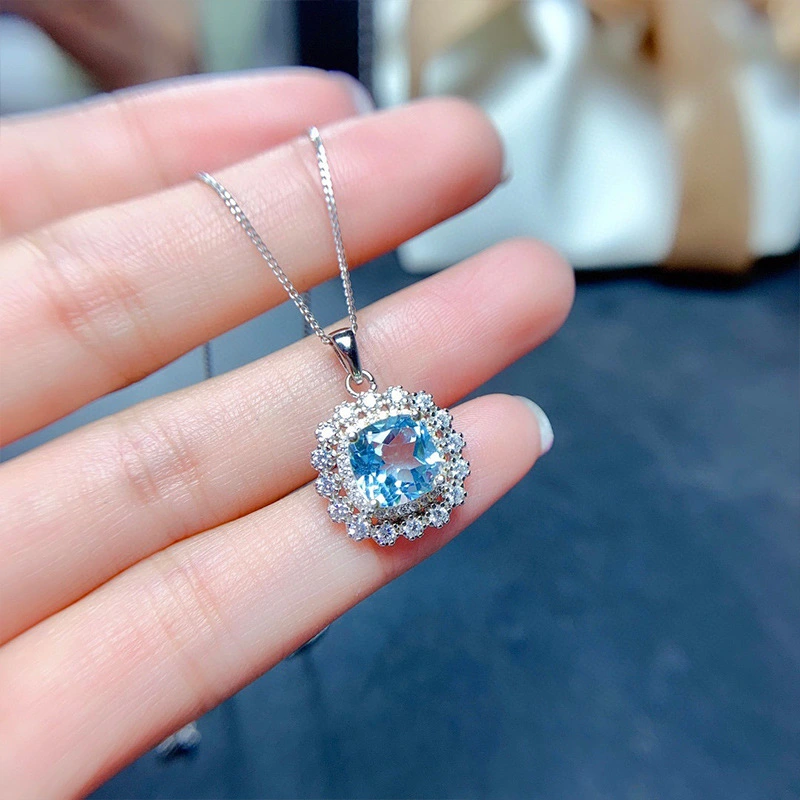 Internet celebrity live jewelry set luxury colored zircon necklace sea blue earrings and ring set