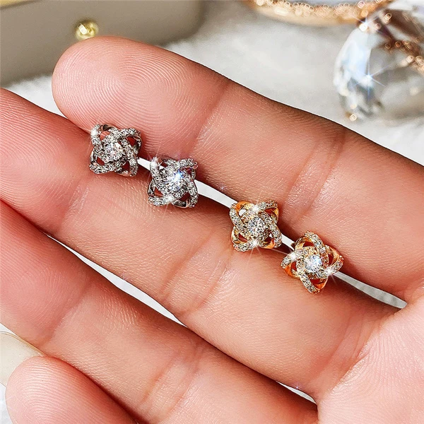 Korean style new earrings simple flower micro-inlaid zircon earrings super shiny small fresh floral women's earrings