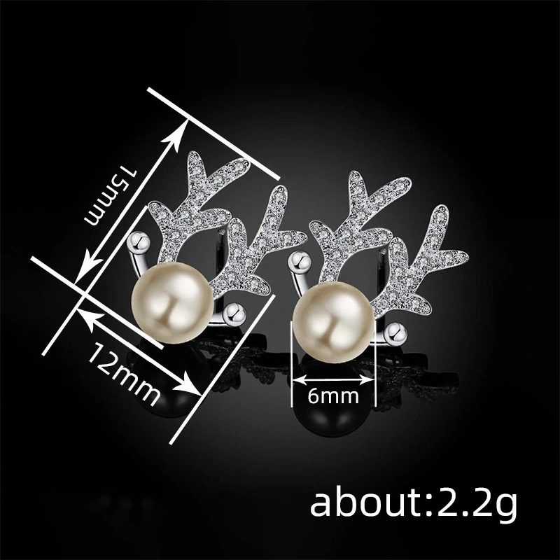  Elk antler Christmas earrings for women, sweet and exquisite princess holiday accessories, imitation pearl zircon jewelry