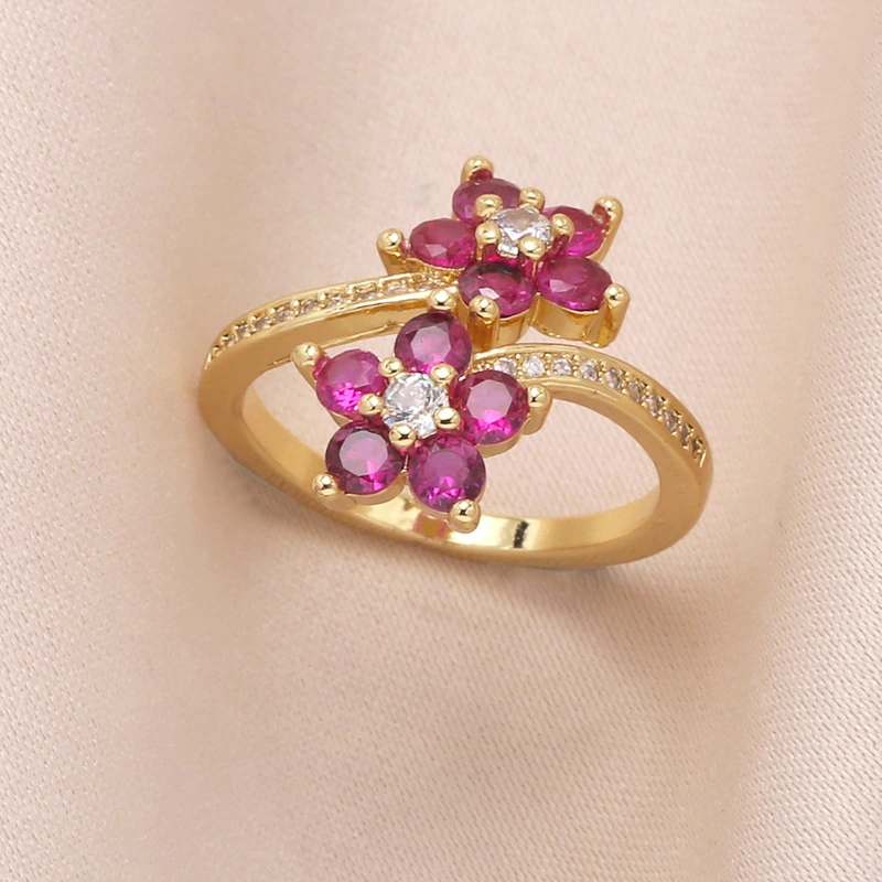 AS jewelry ring flower colored zircon ring copper plated real gold adjustable ring rin38