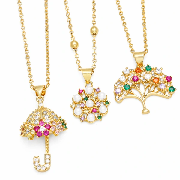 Creative personality inlaid with colored diamond umbrella pendant European and American niche design flower tree of life necklace clavicle chain nkr64